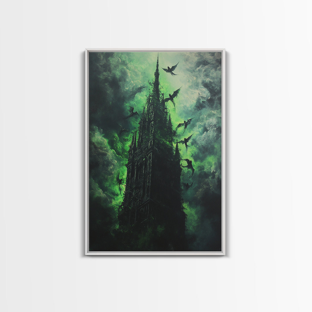 Shadowed Gothic Tower Wall Art, Green Storm Dragon Print, Dark Fantasy Castle Decor, Moody Gothic Home Decor Gift For Him