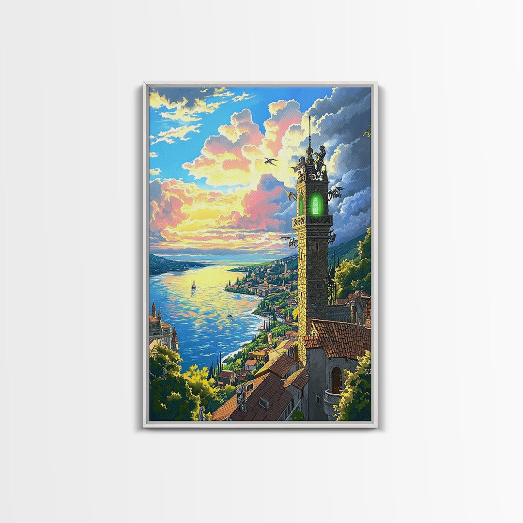 Glowing Coastal Tower At Sunset Canvas Print, Fantasy Seascape Wall Art, Mediterranean Landscape, Living Room Decor, Housewarming Gift