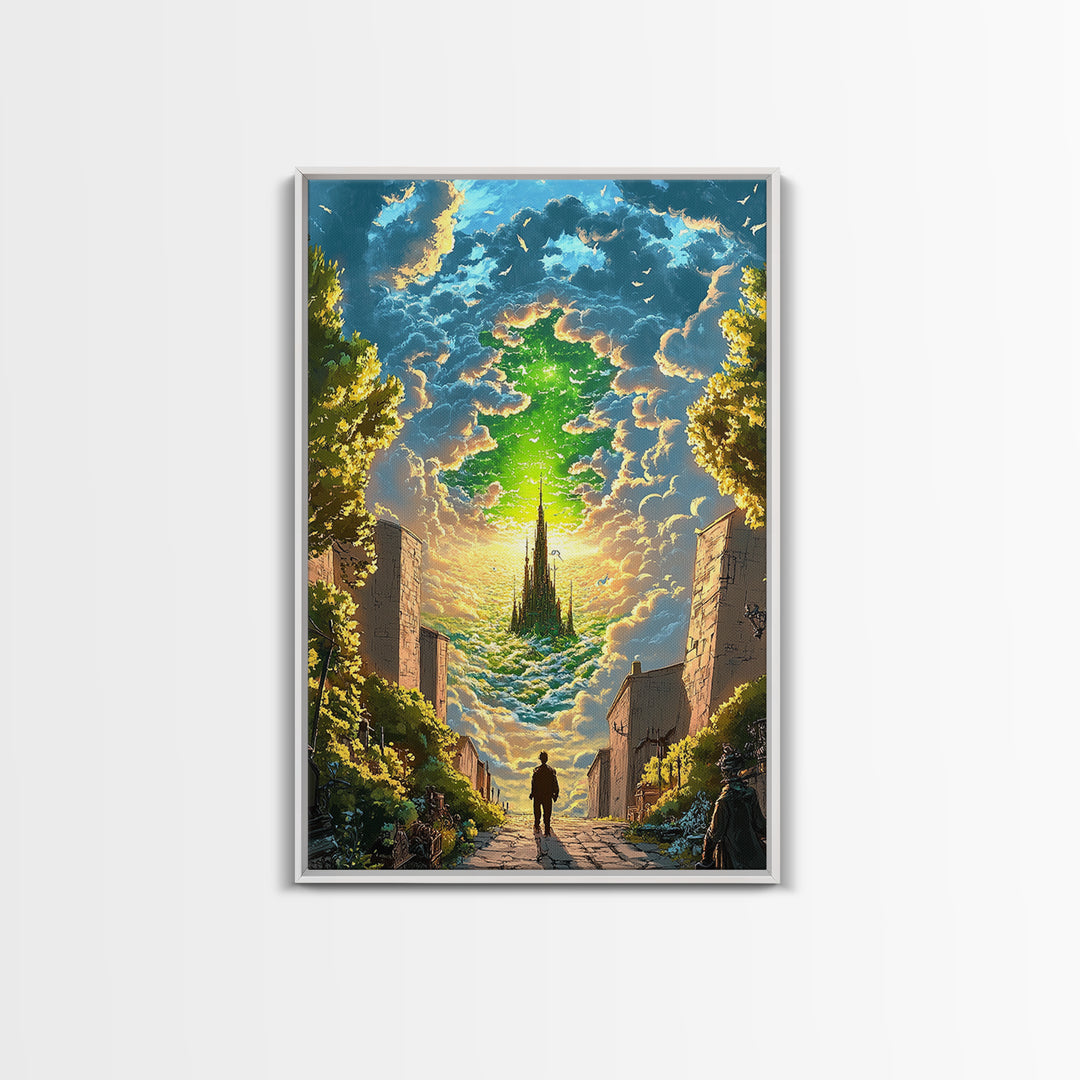 Emerald Sky Castle Above City Street Canvas Print, Surreal Fantasy Wall Art, Mystical Cloudscape, Home Office Decor, Unique Gift