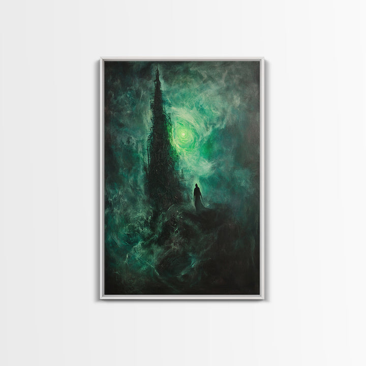 Dark Emerald Spire And Lone Wanderer Wall Art, Gothic Fantasy Canvas Print, Moody Surreal Landscape, Dark Academia Decor