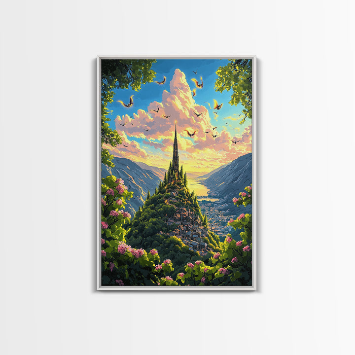 Sunlit Mountain Village With Flying Dragons Canvas Print, Fantasy Landscape Wall Art, Whimsical Home Decor, Gift For Her