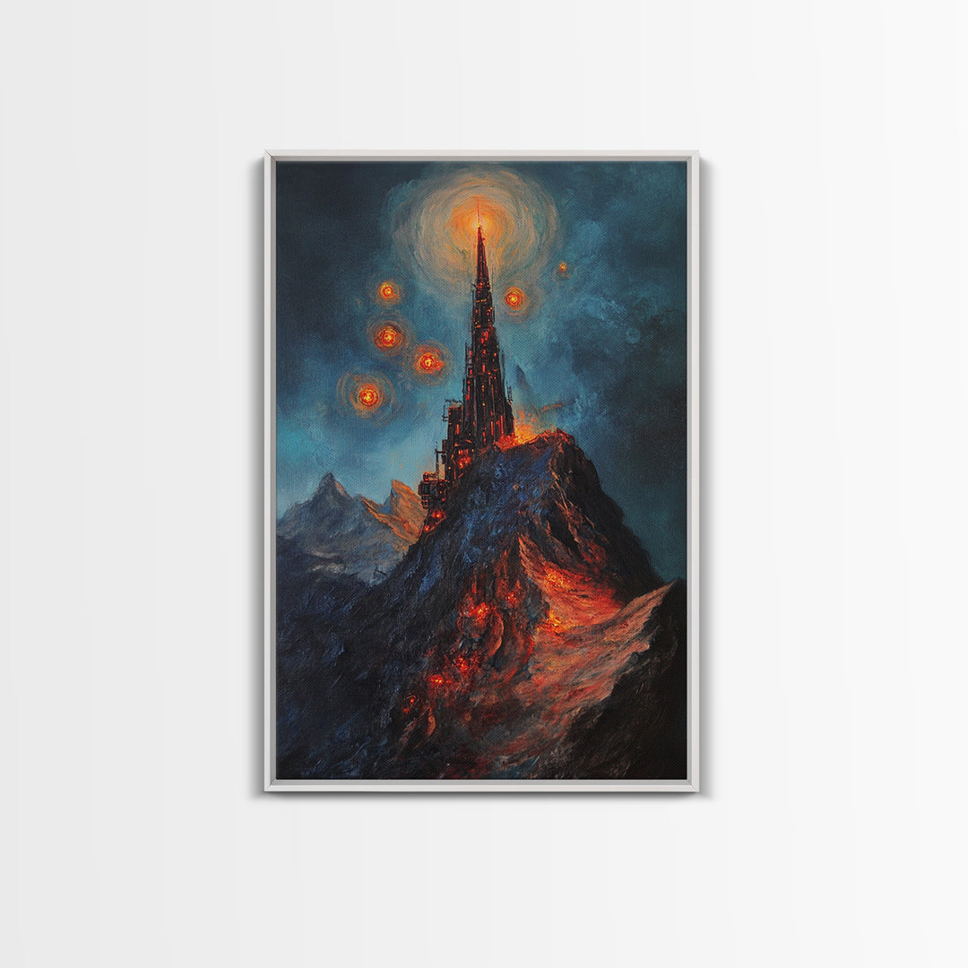 Fiery Dark Mountain Citadel With Red Orbs Canvas Print, Gothic Fantasy Wall Art, Lava Landscape, Moody Office Decor, Gift For Him