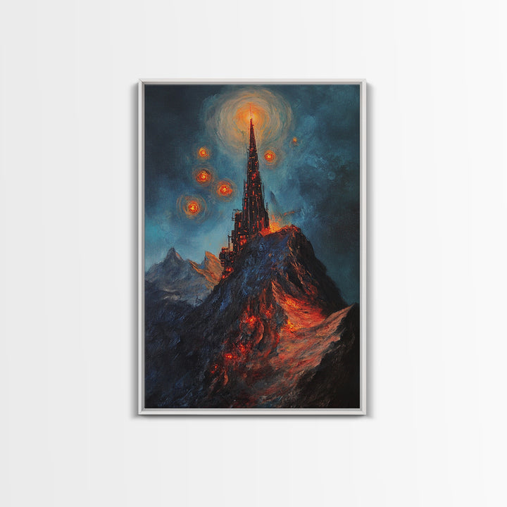 Fiery Dark Mountain Citadel With Red Orbs Canvas Print, Gothic Fantasy Wall Art, Lava Landscape, Moody Office Decor, Gift For Him