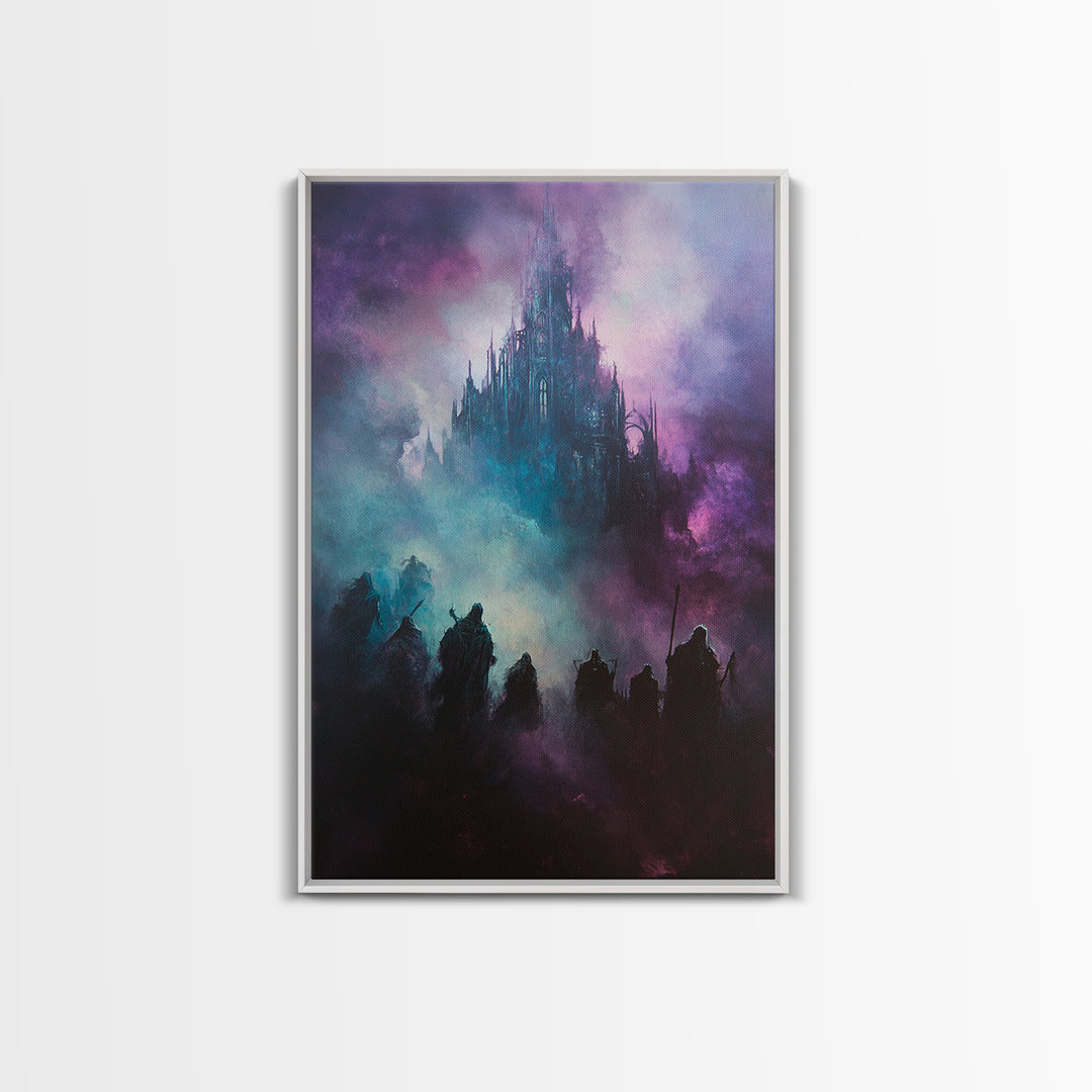 Purple Mist Fortress And Shadow Riders Framed Canvas Print, Dark Fantasy Wall Art, Gothic Castle Decor, Statement Artwork