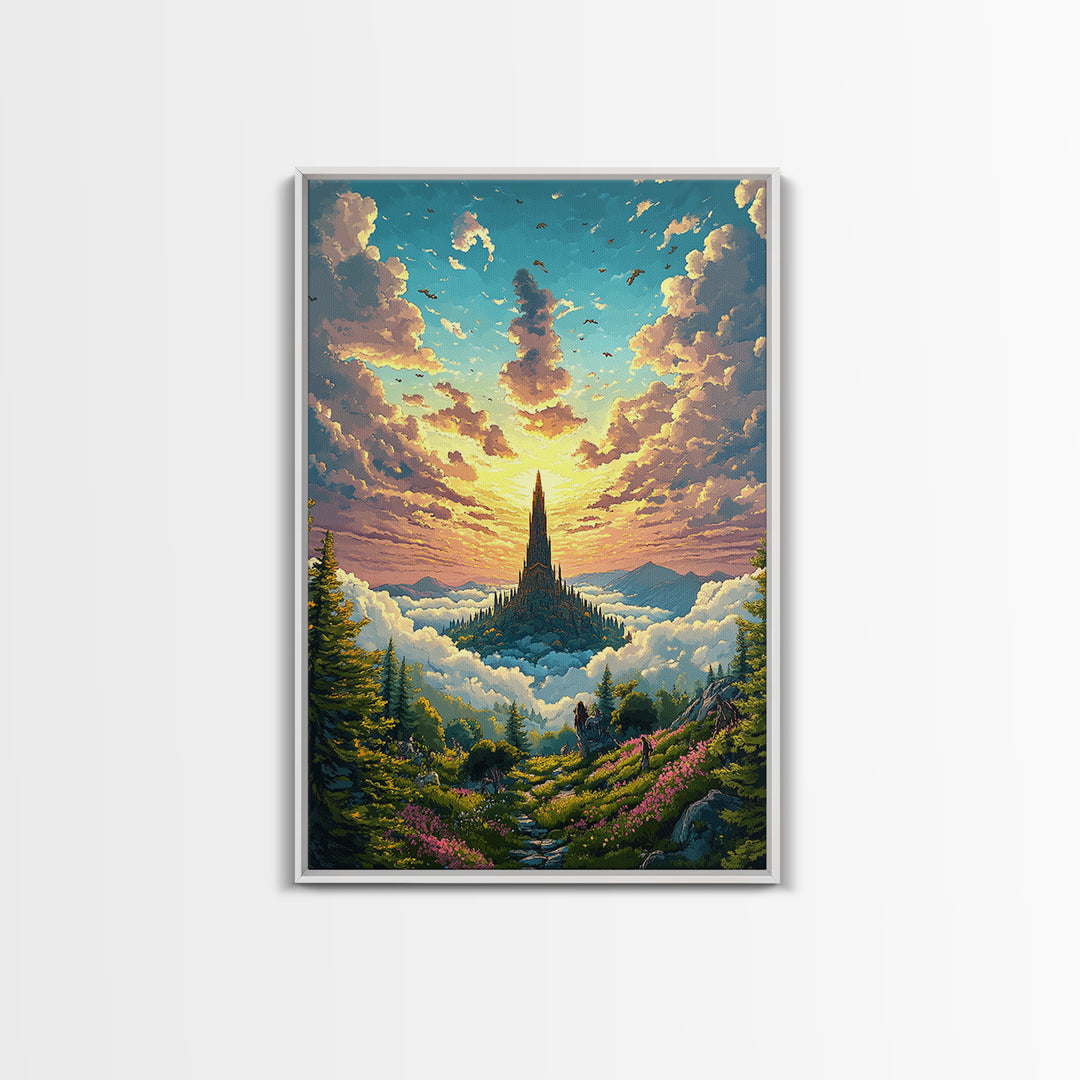 Golden Cloud Kingdom Spire At Sunrise Canvas Print, Fantasy Landscape Wall Art, Colorful Nature Art, Living Room Decor, Housewarming Gift