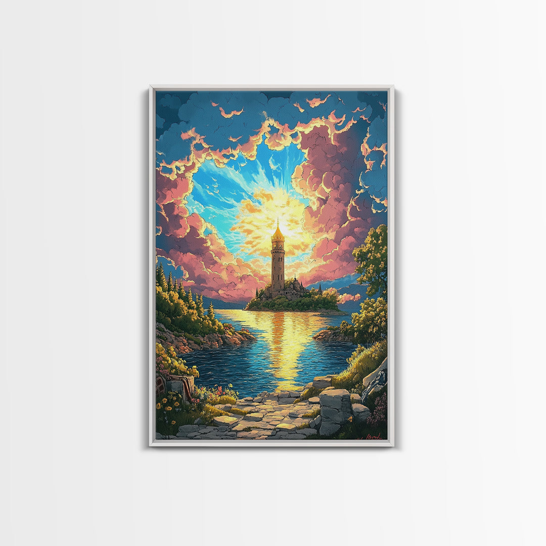 Radiant Island Lighthouse Under Pink Clouds Canvas Print, Fantasy Lake Landscape Wall Art, Coastal Home Decor, Gift For Her