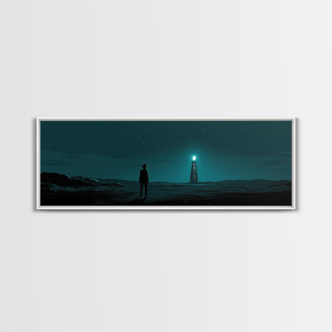 Starry Teal Desert Cowboy And Beacon Tower Wall Art, Sci Fi Western Landscape Print, Masculine Office Decor Gift For Him