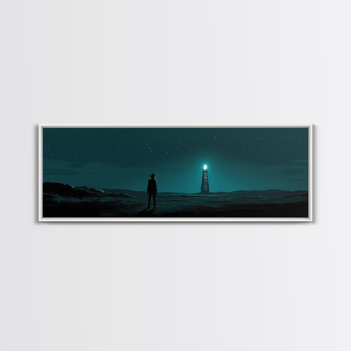 Starry Teal Desert Cowboy And Beacon Tower Wall Art, Sci Fi Western Landscape Print, Masculine Office Decor Gift For Him