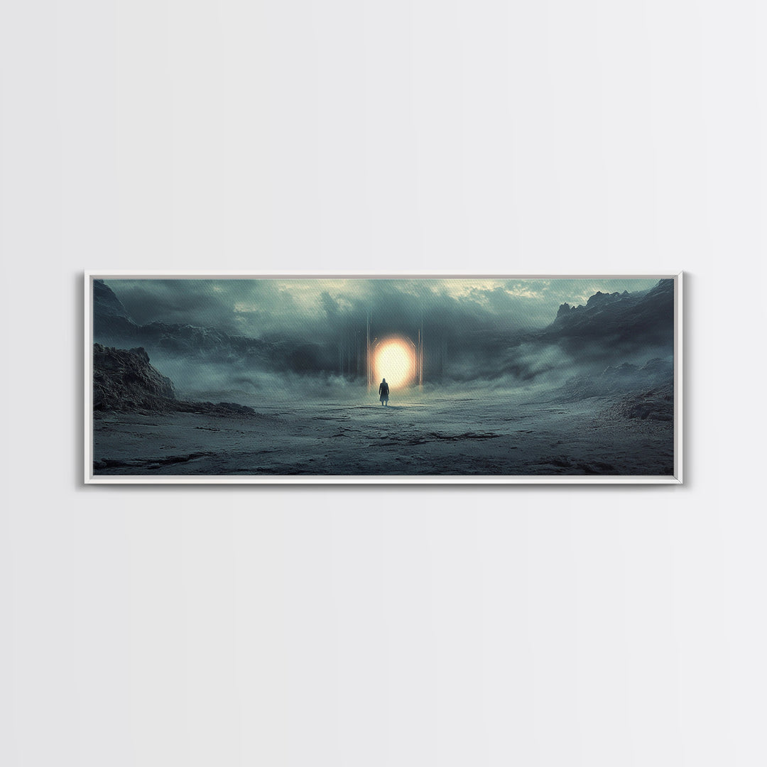 Misty Portal In Dark Mountains Wall Art, Moody Sci Fi Landscape Canvas Print, Atmospheric Office Decor And Modern Wall Decor