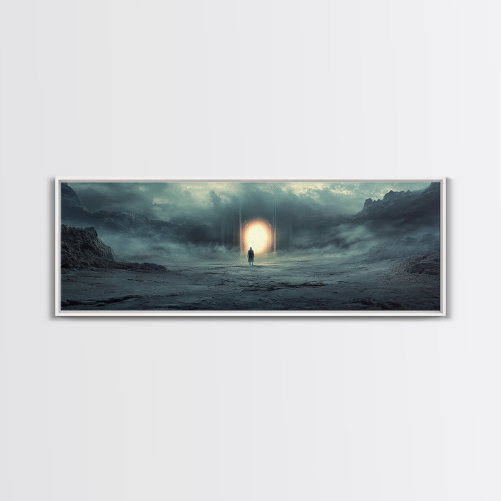 Misty Portal In Dark Mountains Wall Art, Moody Sci Fi Landscape Canvas Print, Atmospheric Office Decor And Modern Wall Decor