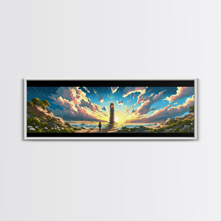Colorful Beacon Tower By Ocean Sunset Canvas Print, Sci Fi Coastal Landscape Wall Art, Vibrant Living Room Wall Decor Gift