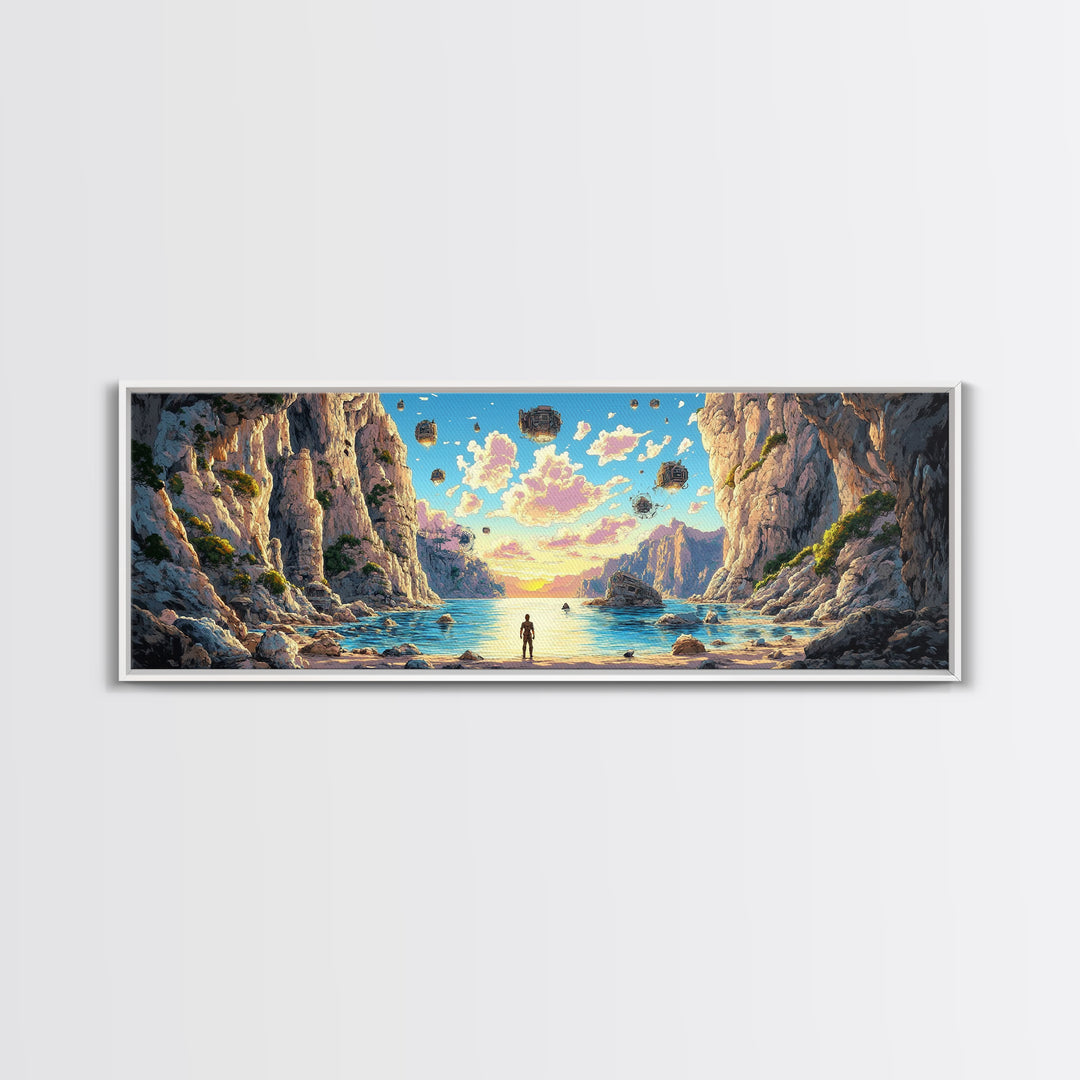 Alien Canyon Lagoon Canvas Print, Floating Rocks Fantasy Landscape, Panoramic Sci Fi Wall Decor, Large Modern Living Room Art