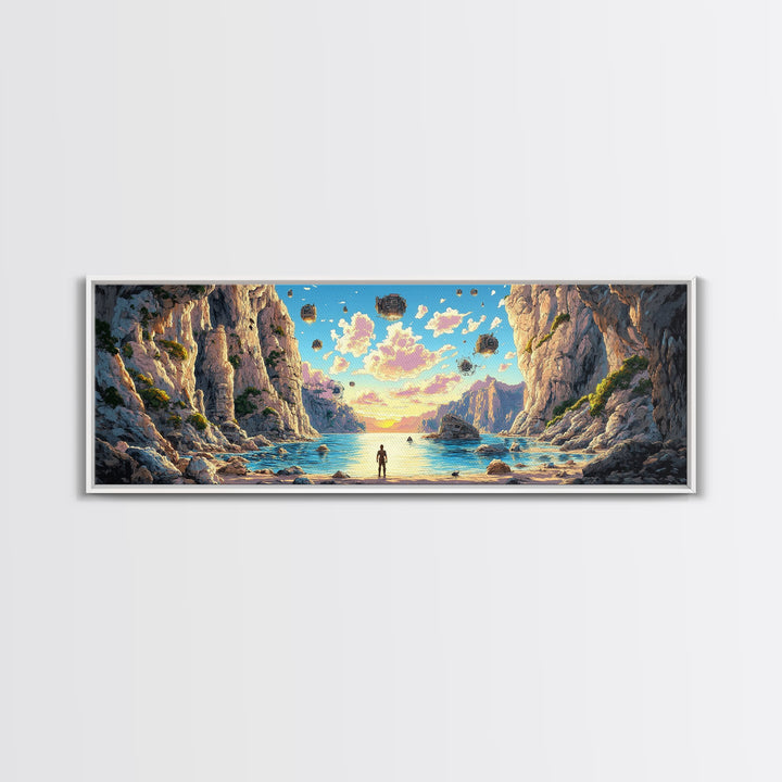 Alien Canyon Lagoon Canvas Print, Floating Rocks Fantasy Landscape, Panoramic Sci Fi Wall Decor, Large Modern Living Room Art