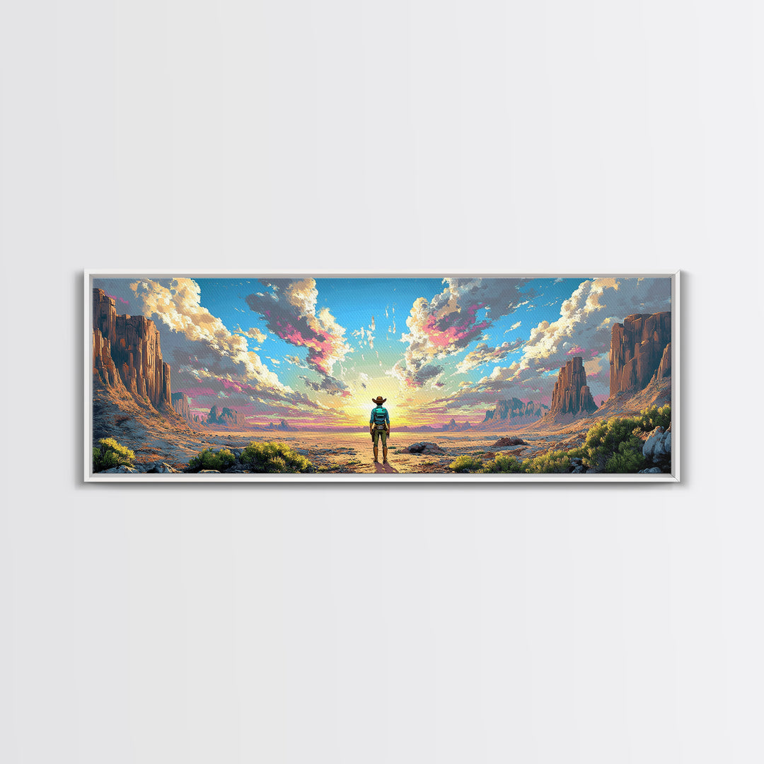 Cowboy Desert Mesa Wall Art, Vast Western Sunrise Landscape, Panoramic Canvas Print, Rustic Home Decor For Living Room Art