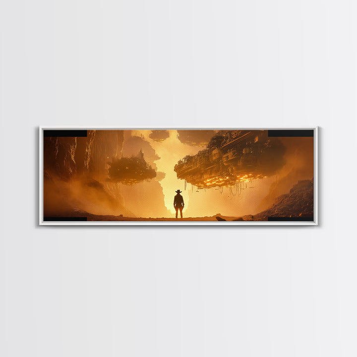 Golden Dystopian Airship Canyon Wall Art, Sci Fi Cowboy Landscape, Orange Futuristic Cinematic Canvas Print, Man Cave Decor