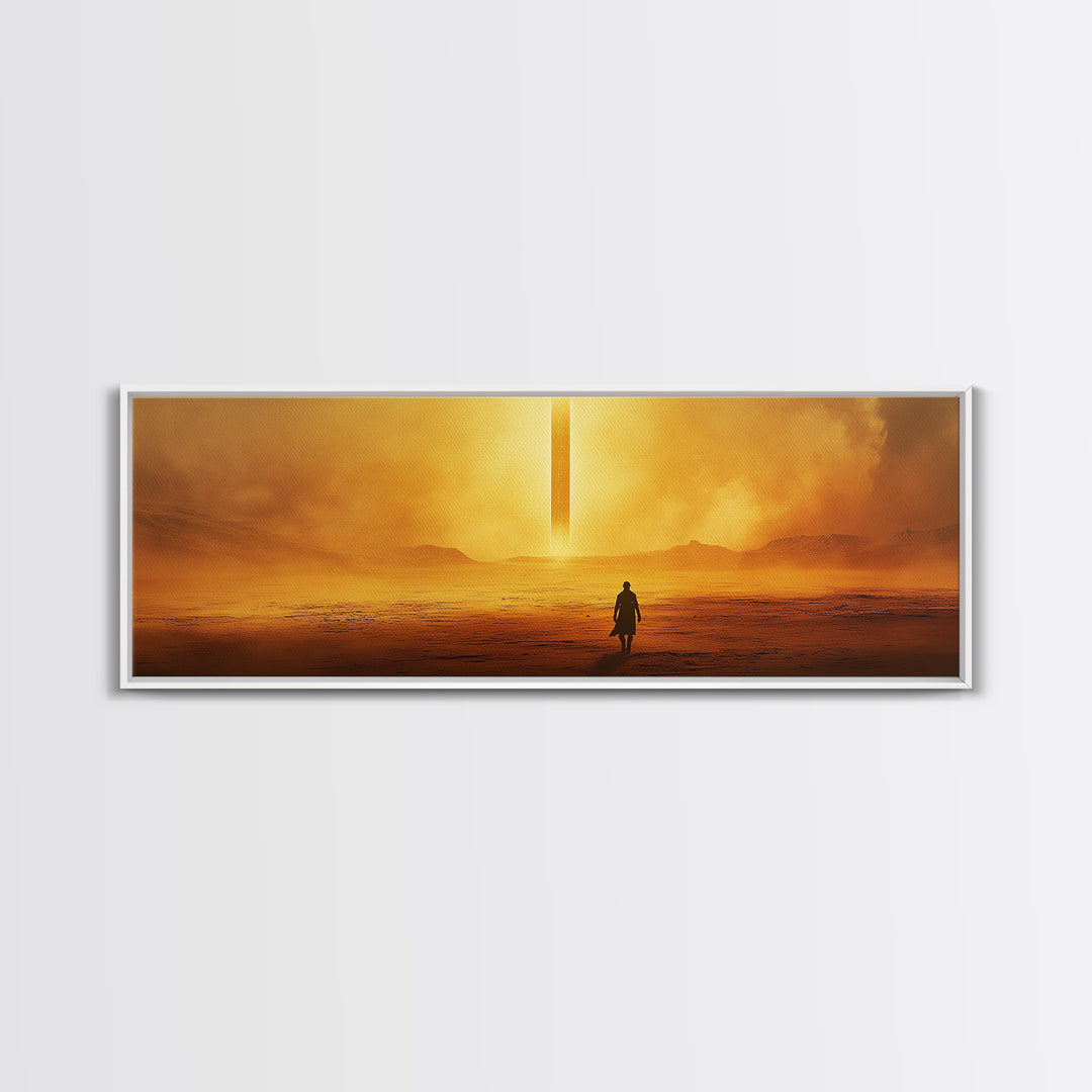 Golden Desert Monolith Wall Art, Cinematic Sci Fi Landscape, Minimalist Canvas Print, Warm Earth Tone Living Room Decor Art