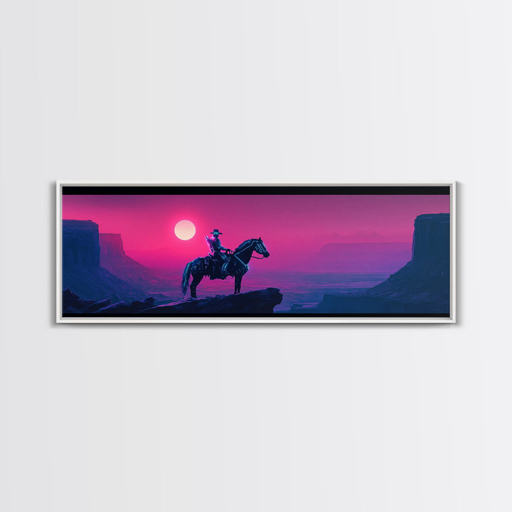 Cowboy On Pink Canyon Cliff Canvas Print, Western Wall Decor, Southwestern Landscape Art, Large Panoramic Wall Art, Home Decor
