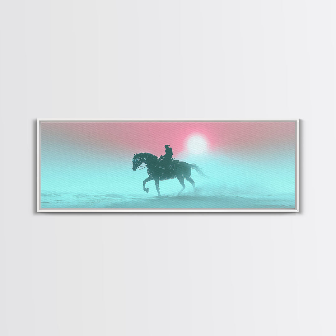Misty Cowboy Riding Through Pastel Fog Wall Art, Western Horse Canvas Print, Serene Landscape Decor, Calming Bedroom Art