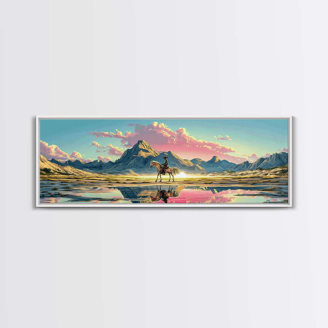 Cowboy And Horse Reflected In Alpine Lake Canvas Print, Western Mountain Wall Art, Pastel Sunset Decor, Large Panoramic Art