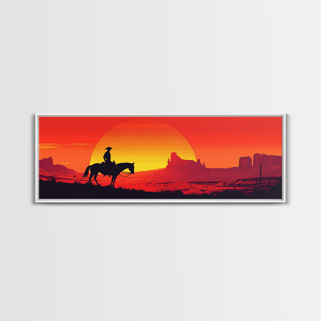 Silhouette Cowboy Crossing Orange Desert Sunset Wall Art, Southwestern Decor, Western Canvas Print, Extra Wide Horizontal Art