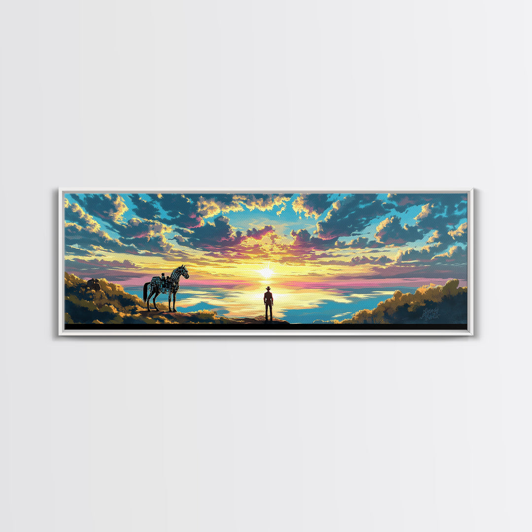 Cowboy And Horse Over Golden Sea Sunrise Framed Canvas Print, Western Landscape Wall Art, Inspirational Home Decor, Above Sofa Art