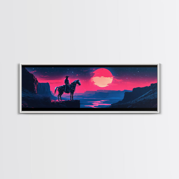Neon Cowboy Above Moonlit Canyon River Canvas Print, Western Sci Fi Wall Art, Vaporwave Decor, Large Horizontal Print, Home Decor