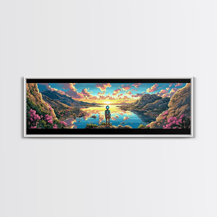 Astronaut Over Flowered Mountain Lake Valley Wall Art, Sci Fi Landscape Canvas Print, Colorful Nature Decor, Gaming Room Art