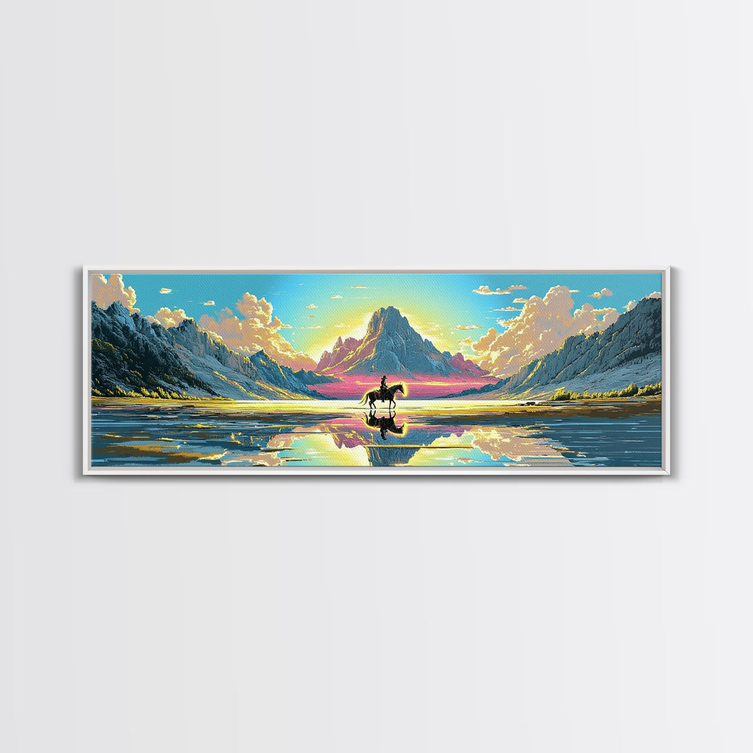 Solitary Rider At Mirror Lake Canvas Print, Western Mountain Landscape Art, Panoramic Wall Art, Rustic Decor, Gift For Him