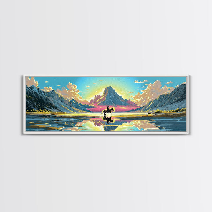 Solitary Rider At Mirror Lake Canvas Print, Western Mountain Landscape Art, Panoramic Wall Art, Rustic Decor, Gift For Him
