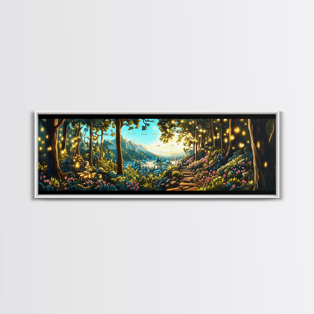 Enchanted Forest Path With Lanterns Wall Art, Mountain Valley Landscape Print, Whimsical Decor, Large Panoramic Canvas Art