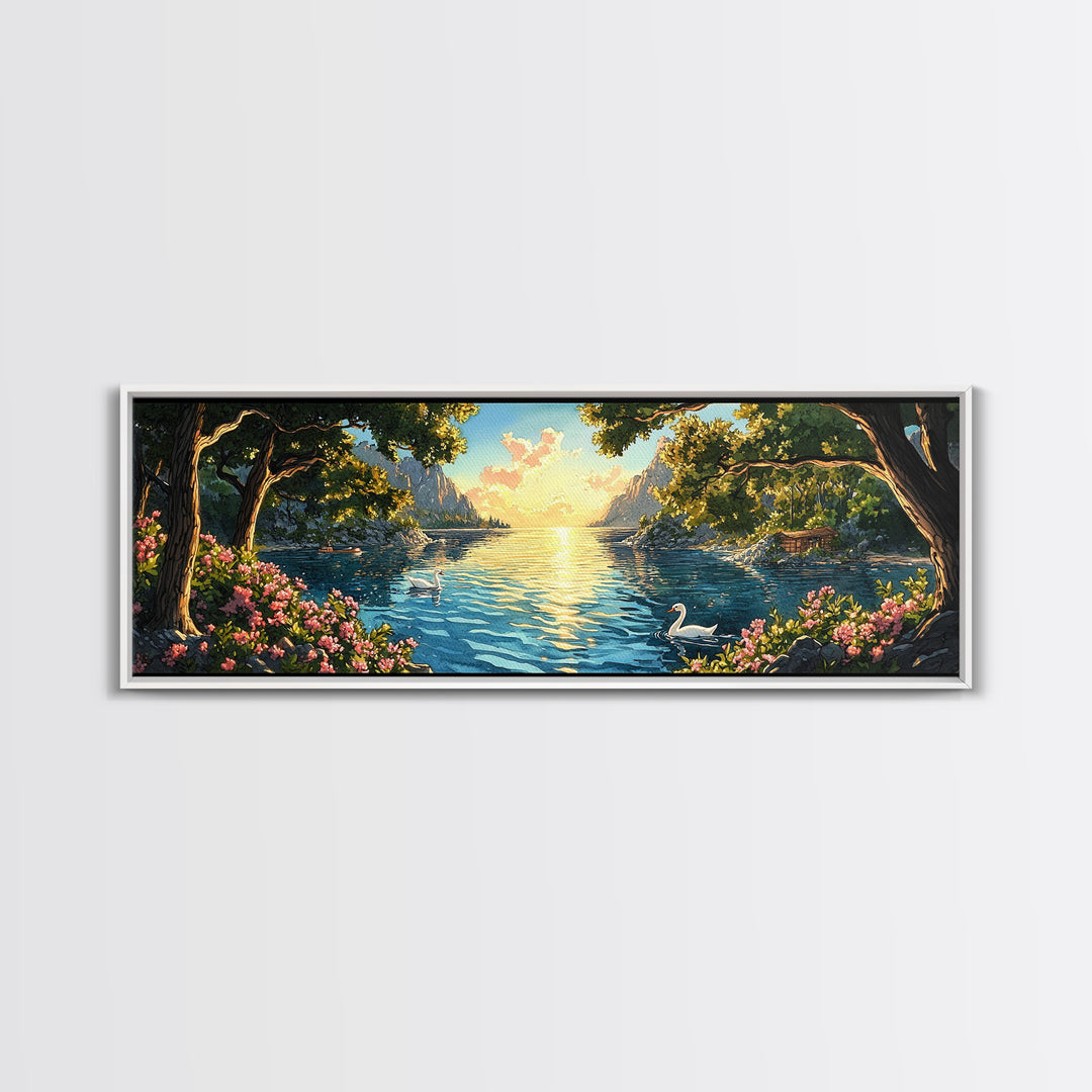 Golden Lakeside Sunset With Swan Wall Art, Romantic Coastal Canvas Print, Serene Landscape Decor, Large Above Bed Art For Bedroom Decor