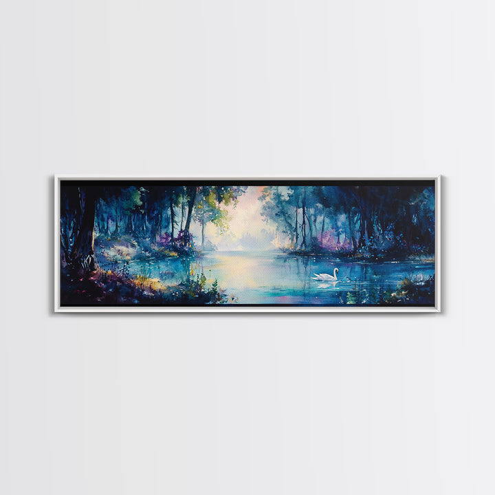 Misty Blue Forest Lake With Swan Wall Art, Moody Landscape Canvas Print, Dark Botanical Decor, Calming Living Room Art Print
