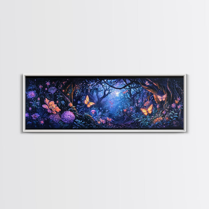 Enchanted Butterfly Forest At Twilight Wall Art, Fantasy Woodland Canvas Print, Dark Floral Decor, Whimsical Bedroom Art