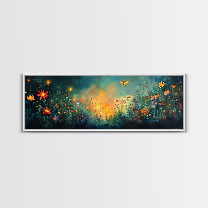 Glowing Wildflower Meadow With Fireflies Wall Art, Whimsical Floral Canvas Print, Dark Botanical Decor, Cozy Bedroom Art