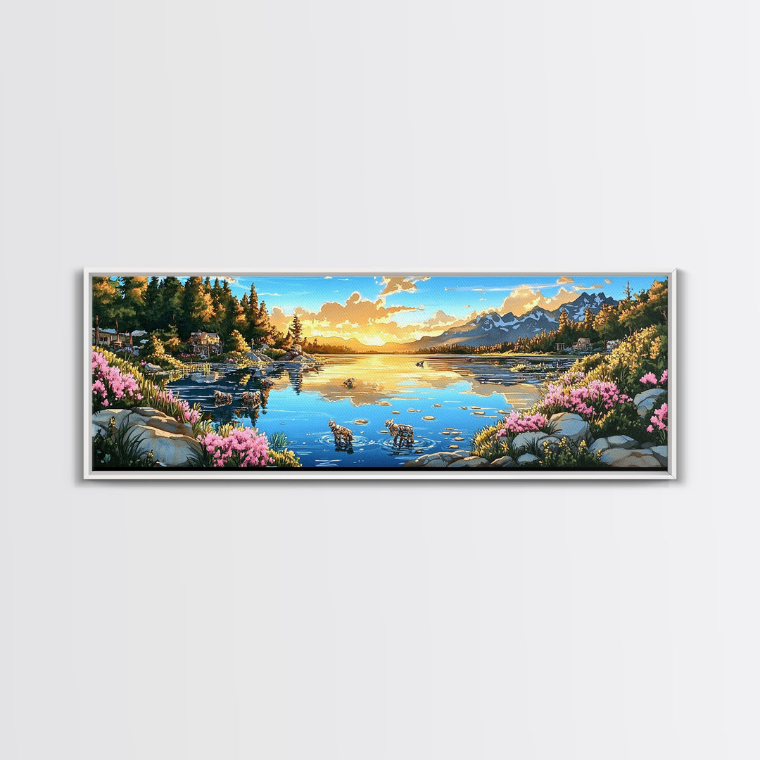 Mountain Lake Sunset With Pink Wildflowers Wall Art, Panoramic Landscape Print, Nature Decor, Living Room Wall Decor, Home Decor