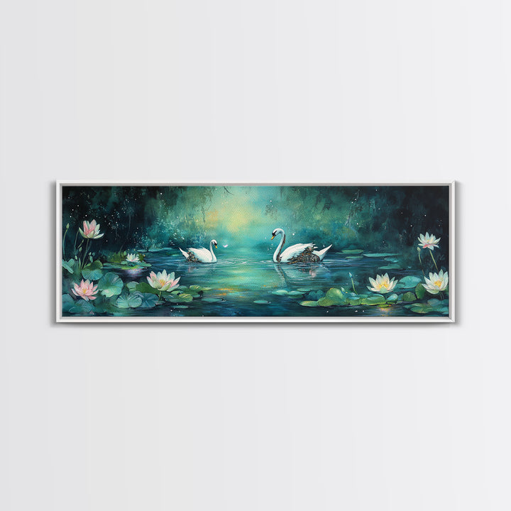 White Swans And Water Lilies Framed Canvas Print, Romantic Nature Wall Art, Elegant Bedroom Decor, Gift For Her, Living Room Art