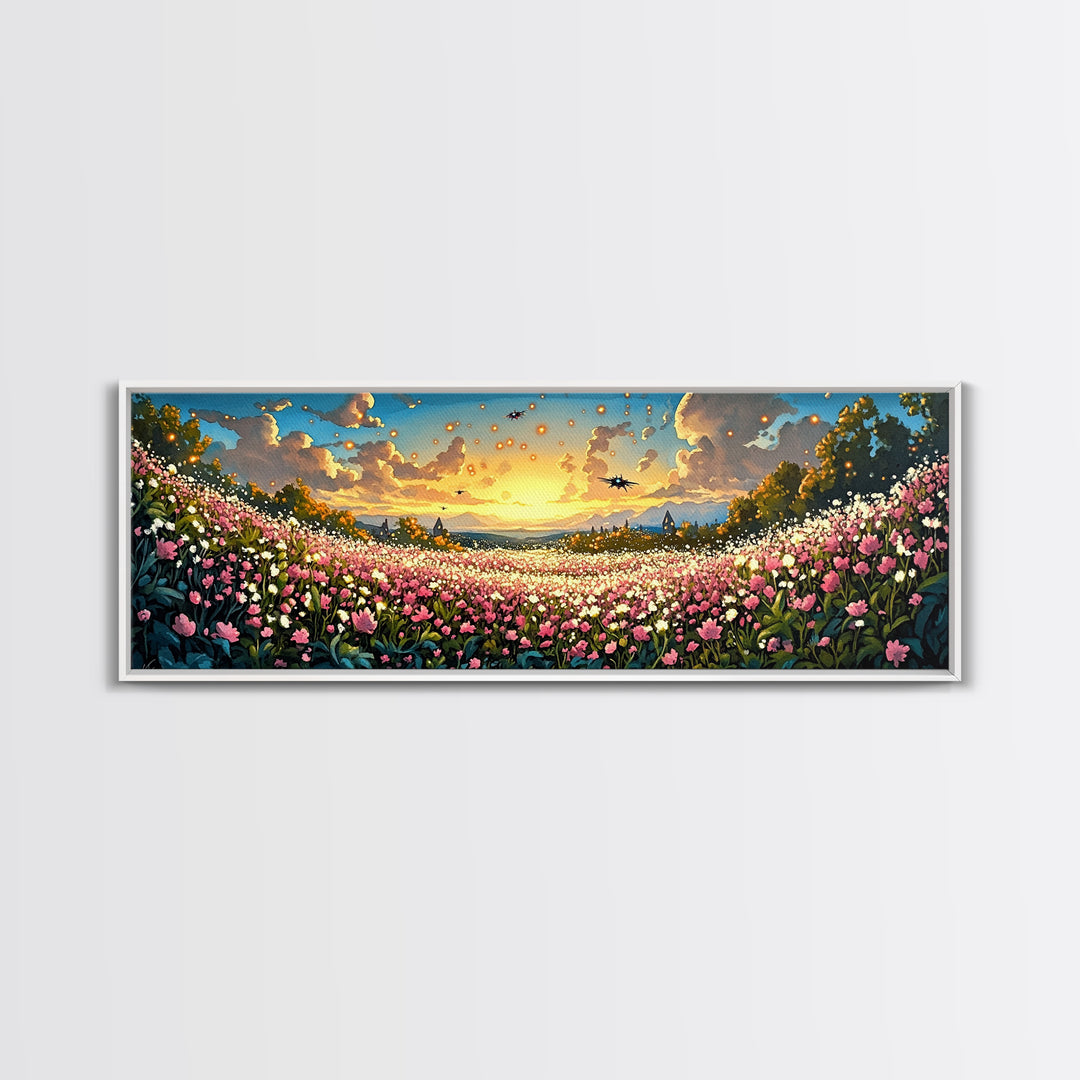 Glowing Lanterns Over Pink Flower Valley Canvas Print, Whimsical Floral Wall Art, Maximalist Decor, Living Room Decor, Home Decor