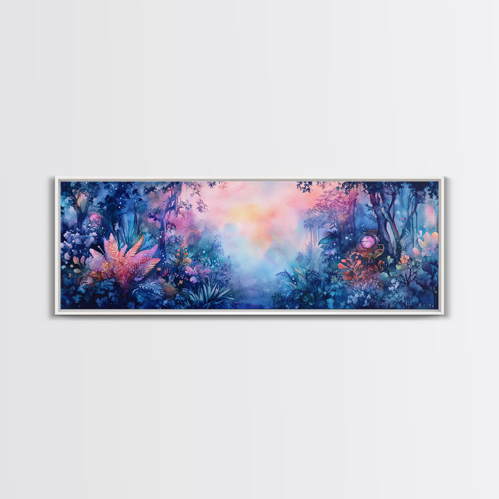 Enchanted Tropical Garden With Misty Pastel Light Wall Art, Botanical Watercolor Print, Whimsical Decor, Nature Wall Art