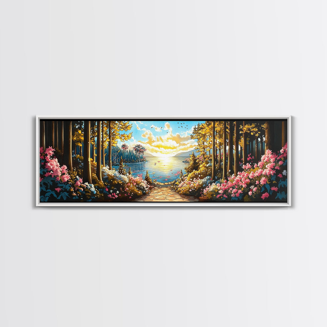 Sunlit Forest Lake Path With Pink Flowers Wall Art, Panoramic Canvas Print For Living Room Decor And Nature Home Decor Gift