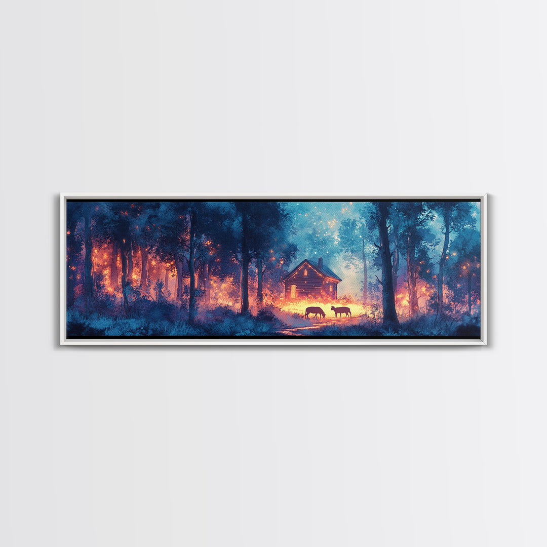 Glowing Cabin In Blue Twilight Forest Framed Canvas Print, Moody Landscape Wall Art For Rustic Home Decor And Office Decor