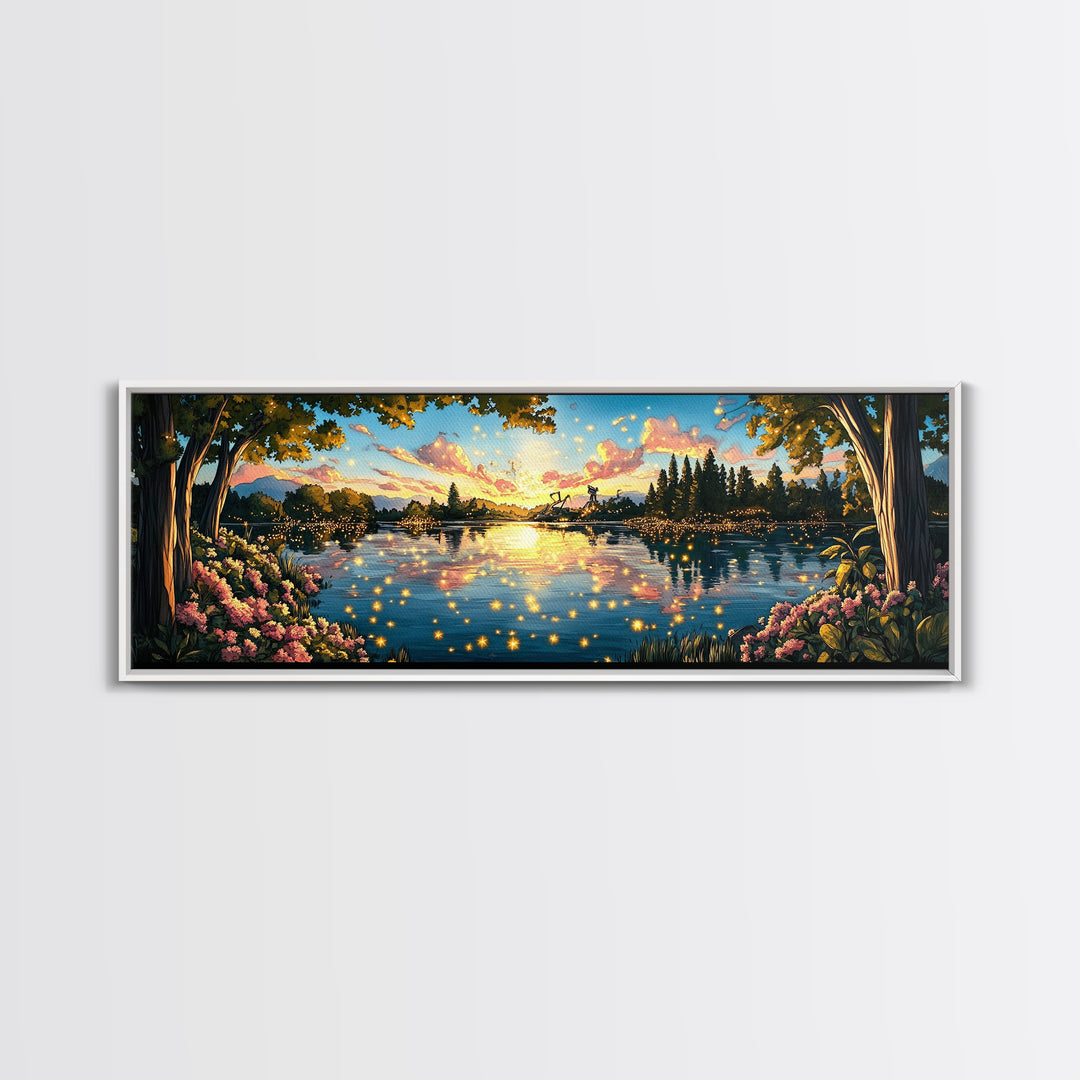 Golden Sunset Lake With Fireflies And Pink Blossoms Canvas Print, Romantic Nature Wall Art For Bedroom Decor And Home Decor