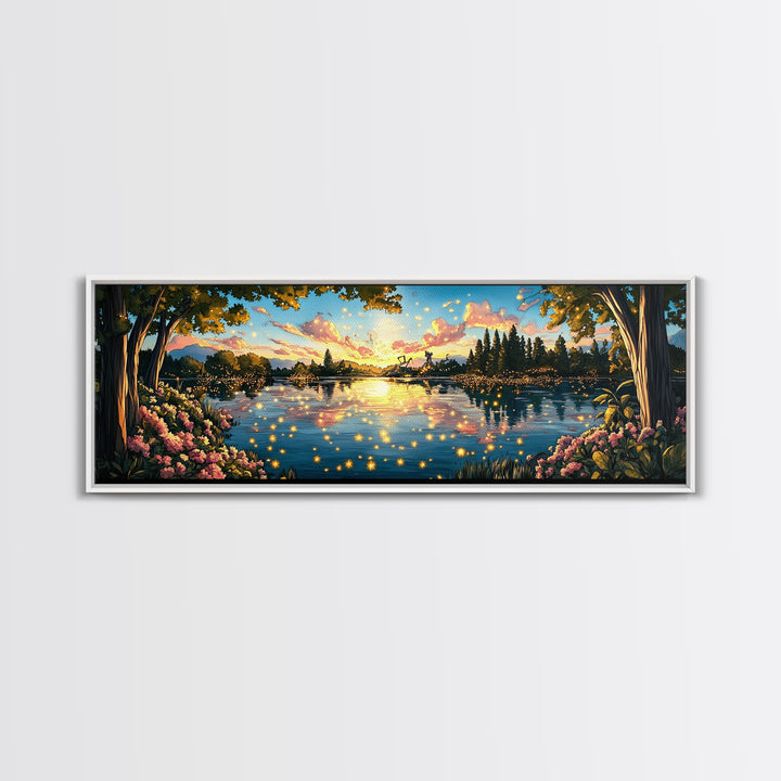 Golden Sunset Lake With Fireflies And Pink Blossoms Canvas Print, Romantic Nature Wall Art For Bedroom Decor And Home Decor