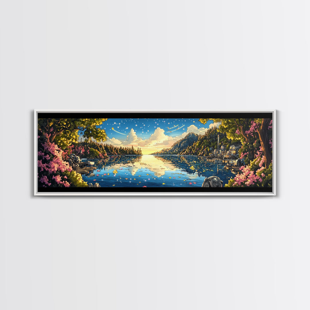Starry Mountain Lake Village With Pink Flowers Framed Canvas Print, Panoramic Landscape Wall Art For Living Room Decor And Home Decor