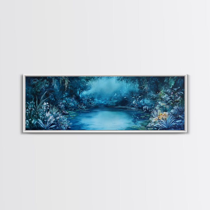 Misty Blue Jungle River With Wildlife And Orchids Canvas Print, Serene Nature Wall Art For Spa Decor And Bathroom Wall Decor
