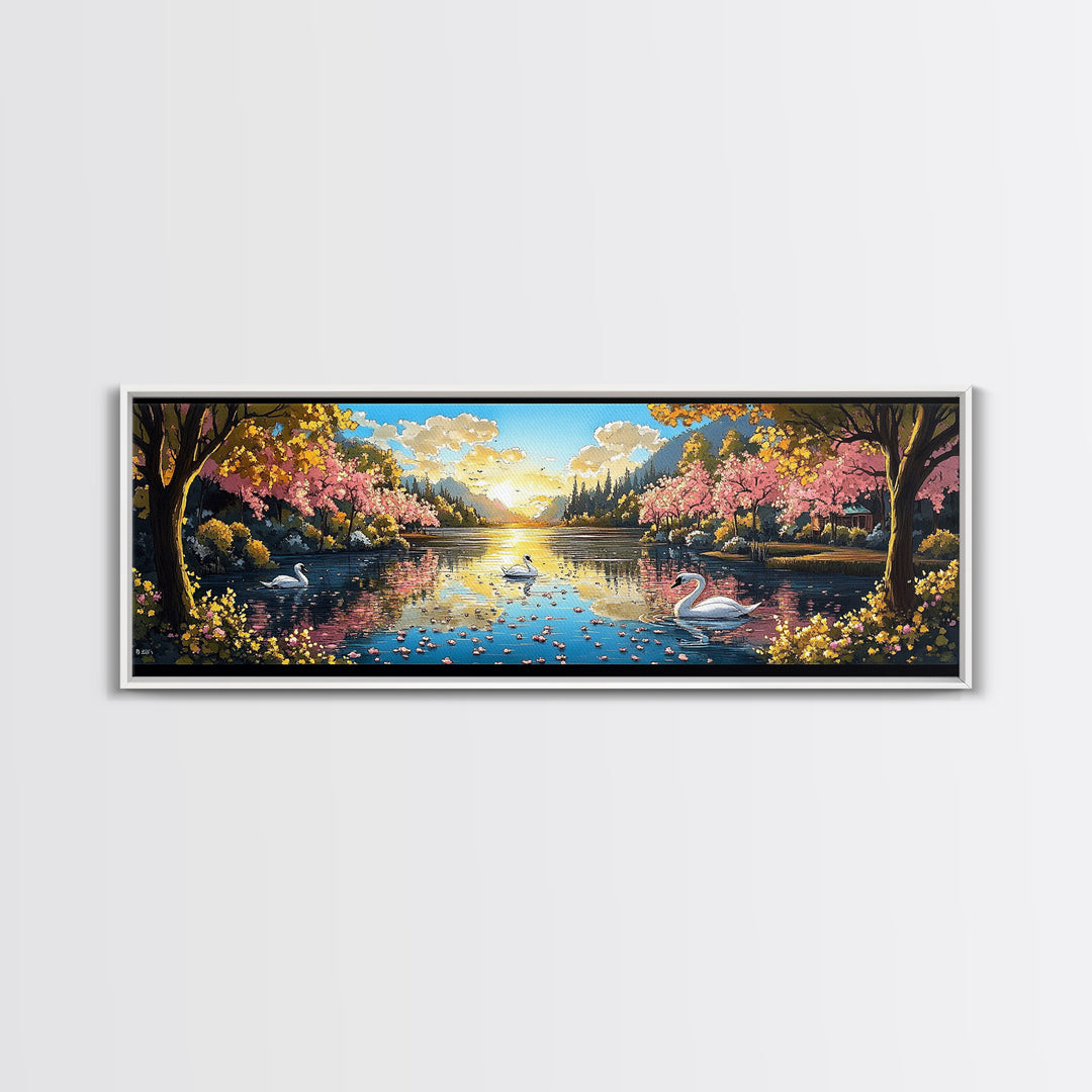 Swans On Golden Lake With Cherry Blossoms Framed Canvas Print, Romantic Landscape Wall Art For Bedroom Decor And Home Decor