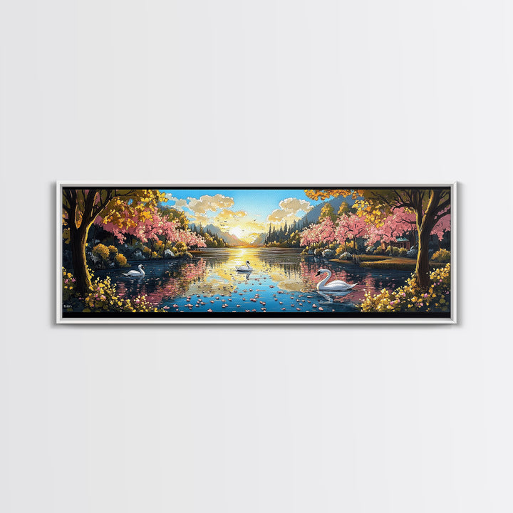 Swans On Golden Lake With Cherry Blossoms Framed Canvas Print, Romantic Landscape Wall Art For Bedroom Decor And Home Decor