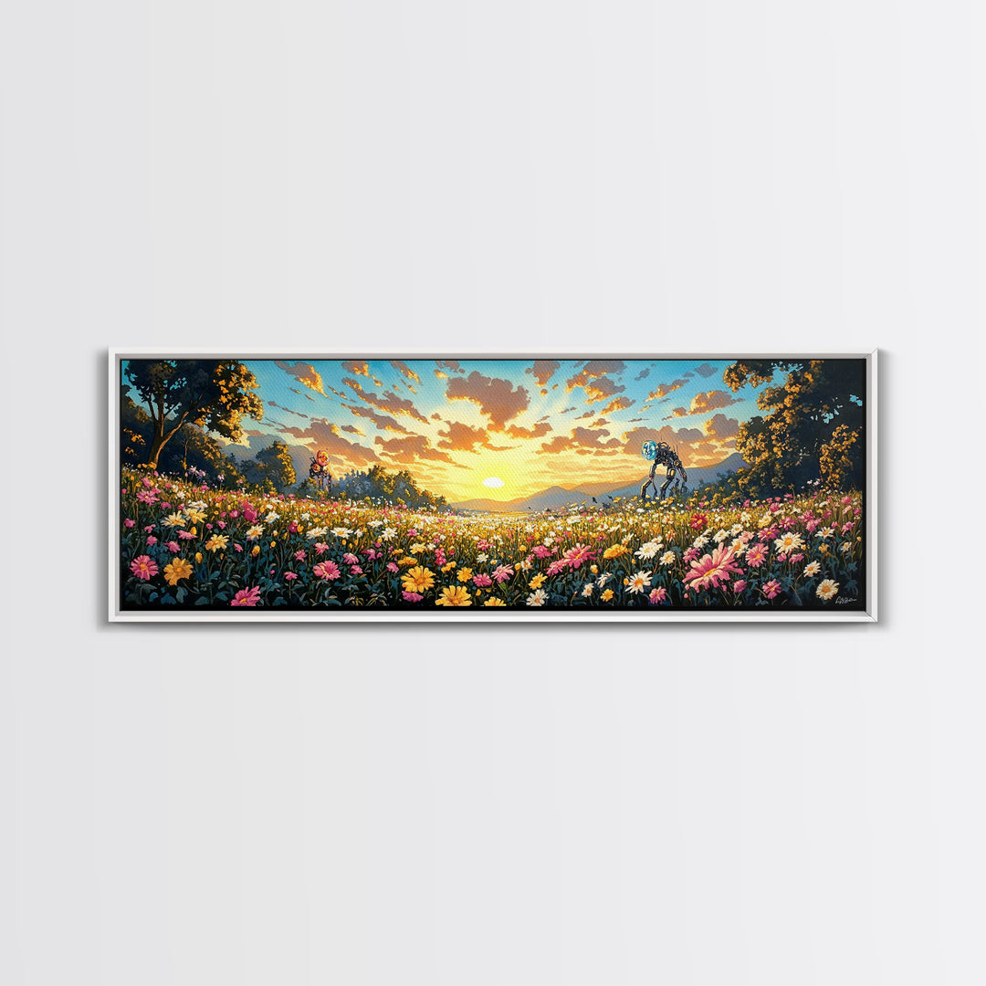 Sunrise Daisy Meadow With Tiny Robots Framed Canvas Print, Panoramic Floral Wall Art, Bright Farmhouse Living Room Decor