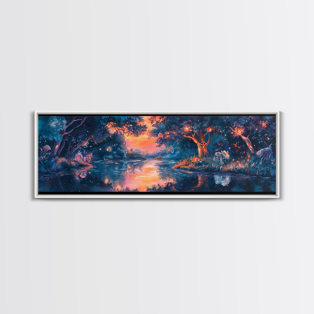 Enchanted Twilight Forest Lake Wall Art, Magical Firefly Landscape Canvas, Fantasy Woodland Decor, Panoramic Nature Print