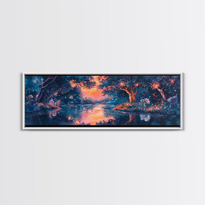 Enchanted Twilight Forest Lake Wall Art, Magical Firefly Landscape Canvas, Fantasy Woodland Decor, Panoramic Nature Print