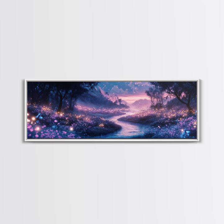 Glowing Purple Meadow Stream Wall Art, Twilight Firefly Landscape Canvas Print, Dreamy Forest Decor, Magical Nature Art Gift